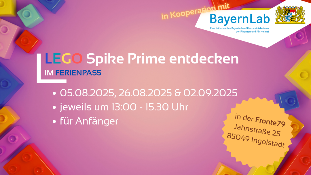 Werbeposter für den LEGO Spike Prime Workshop im Ferienpass Ingolstadt 2025