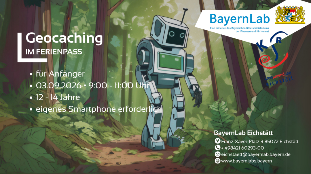 Veranstaltungsposter für Geocaching im Ferienpass in den Sommerferien 2026 des KJR in Kooperation mit dem BayernLab Eichstätt